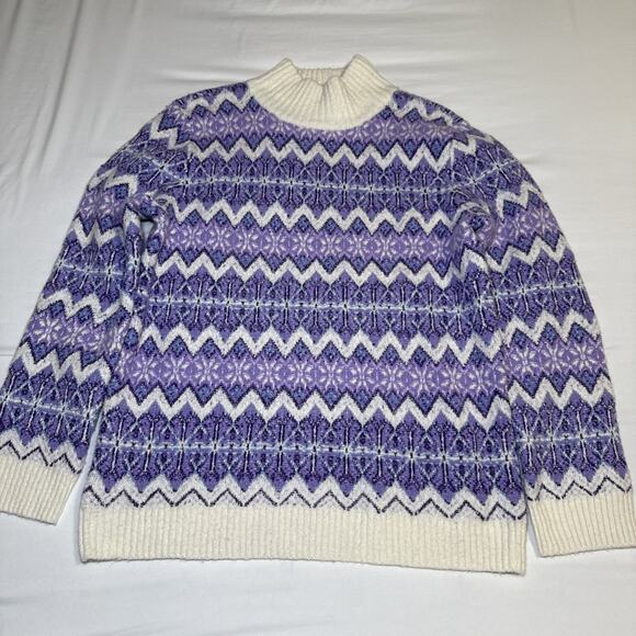 Talbots Sweater Womens M Purple Ivory FairIsle Mock Neck Pullover Wool Blend NWT - Picture 1 of 15